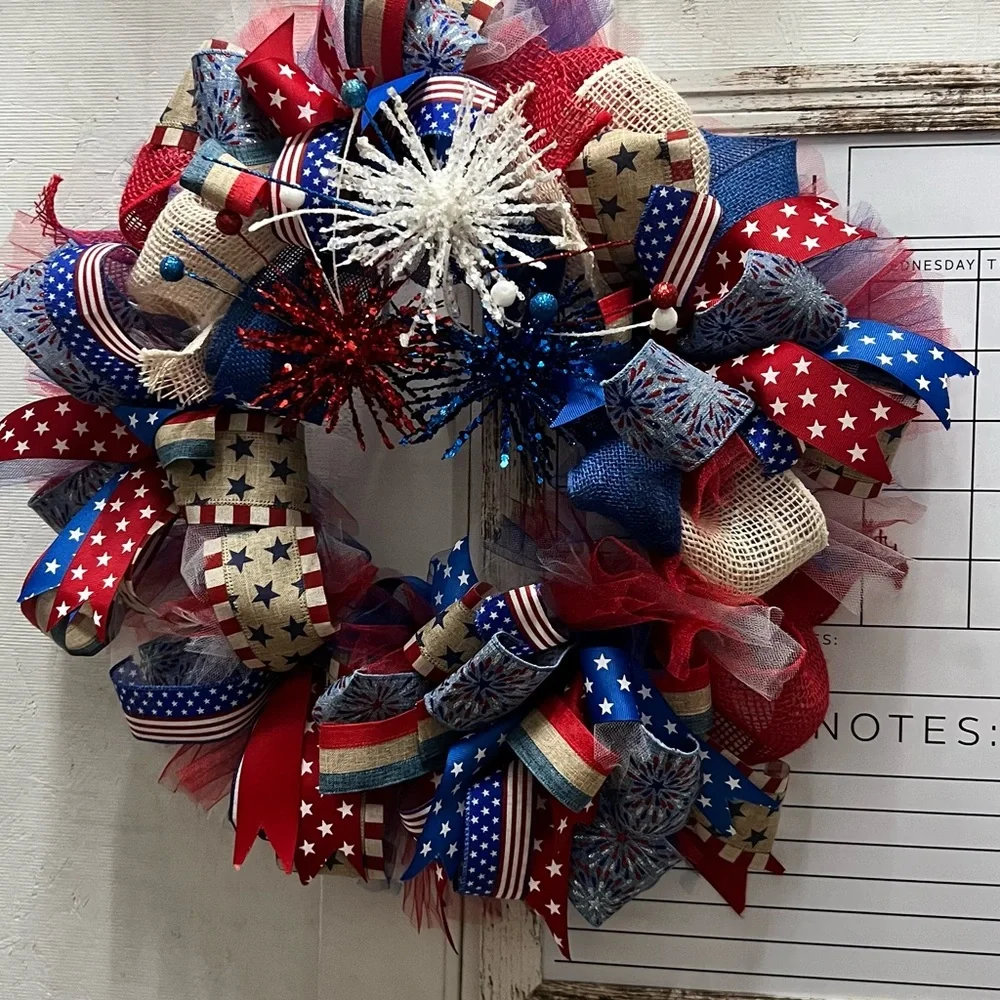 Welcome patriotic wreath, red white and blue mesh ribbon front door wreath.